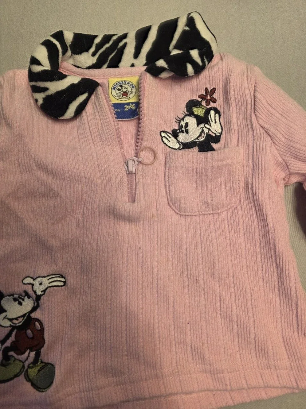 Disney 2000 Vintage Mickey & Co Embroidered Pink Zebra Trim Jacket
